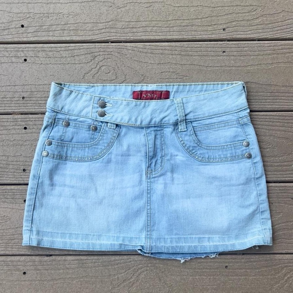 Y2K YMI Denim Mini Skirt Rhinestones Size 7 Light Wash Jean Skirt Grunge